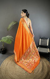 Dista Elora Orange Soft Lichi Silk Butti Meenakari Work Paithani Saree, view 2