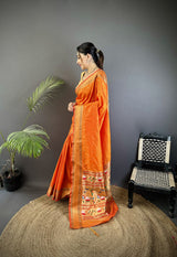 Dista Elora Orange Soft Lichi Silk Butti Meenakari Work Paithani Saree, view 3