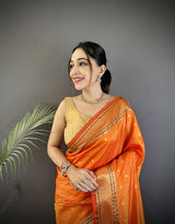 Dista Elora Orange Soft Lichi Silk Butti Meenakari Work Paithani Saree, view 4