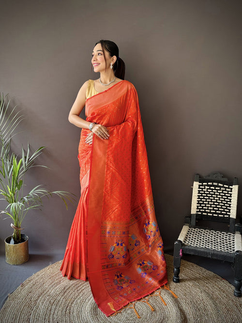 Dista Elora Orange Soft Lichi Silk Jacquard Butti Zari Weaving Paithani Saree