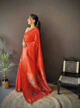 Dista Elora Orange Soft Lichi Silk Jacquard Butti Zari Weaving Paithani Saree, view 2