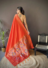 Dista Elora Orange Soft Lichi Silk Jacquard Butti Zari Weaving Paithani Saree, view 3