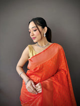 Dista Elora Orange Soft Lichi Silk Jacquard Butti Zari Weaving Paithani Saree, view 5
