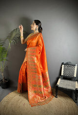 Dista Elora Orange Soft Lichi Silk Multicolour Minakari Zari Weaving Patola Saree, view 2