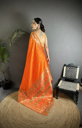 Dista Elora Orange Soft Lichi Silk Multicolour Minakari Zari Weaving Patola Saree, view 3