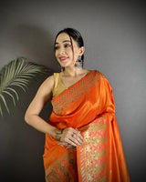 Dista Elora Orange Soft Lichi Silk Multicolour Minakari Zari Weaving Patola Saree, view 5