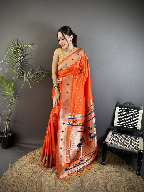 Dista Elora Orange Soft Lichi Silk Peacock & Floral Motifs Jacquard Kanchipuram Saree
