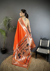 Dista Elora Orange Soft Lichi Silk Peacock & Floral Motifs Jacquard Kanchipuram Saree, view 2