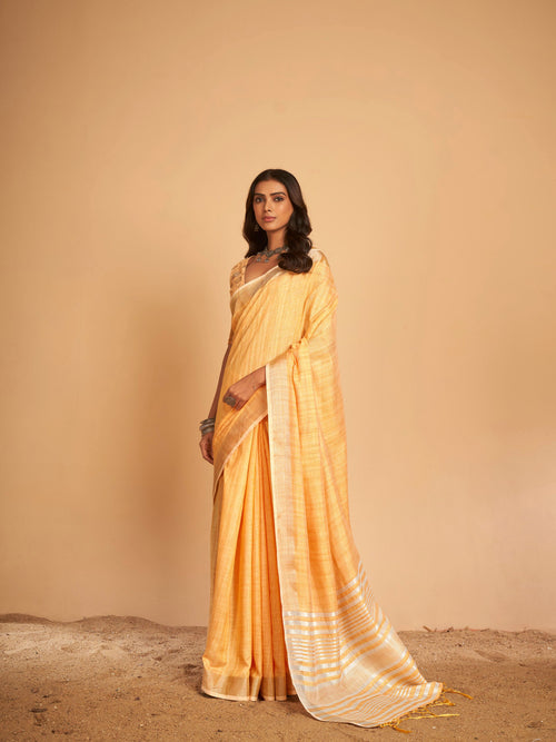 Dista Elora Orange Soft Linen Solid Foil Printed Designer Casual Saree