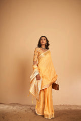 Dista Elora Orange Soft Linen Solid Foil Printed Designer Casual Saree, view 2