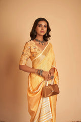 Dista Elora Orange Soft Linen Solid Foil Printed Designer Casual Saree, view 4
