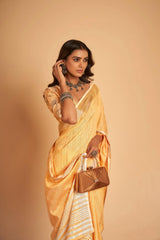 Dista Elora Orange Soft Linen Solid Foil Printed Designer Casual Saree, view 5