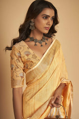 Dista Elora Orange Soft Linen Solid Foil Printed Designer Casual Saree, view 6