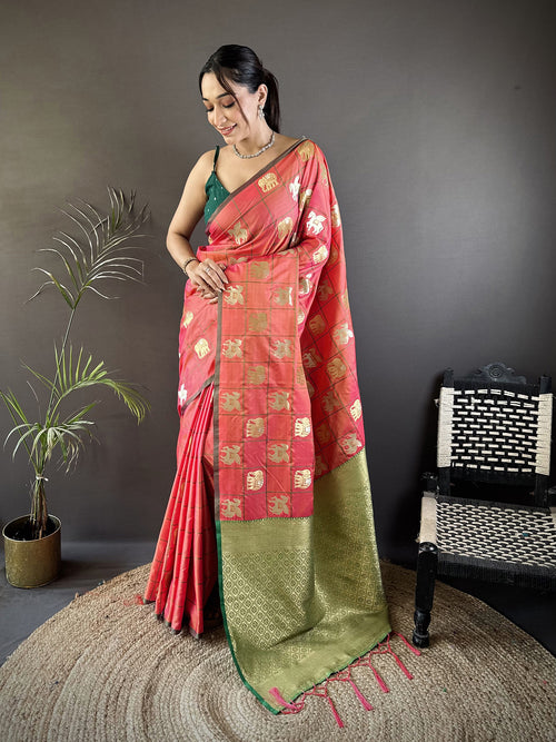 Dista Elora Orange Soft Silk Elephant Motifs Banarasi Saree