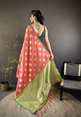 Dista Elora Orange Soft Silk Elephant Motifs Banarasi Saree, view 3