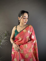Dista Elora Orange Soft Silk Elephant Motifs Banarasi Saree, view 5