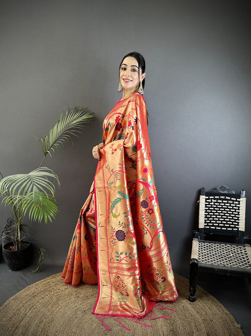 Dista Elora Orange Soft Silk  Floral & Bird Motifs Pattern Paithani Saree