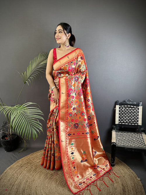 Dista Elora Orange Soft Silk Floral & Peacock Pattern Paithani Saree