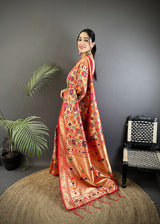 Dista Elora Orange Soft Silk Floral & Peacock Pattern Paithani Saree, view 2