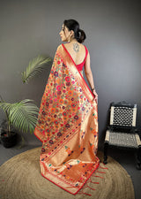 Dista Elora Orange Soft Silk Floral & Peacock Pattern Paithani Saree, view 4