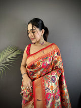 Dista Elora Orange Soft Silk Floral & Peacock Pattern Paithani Saree, view 5