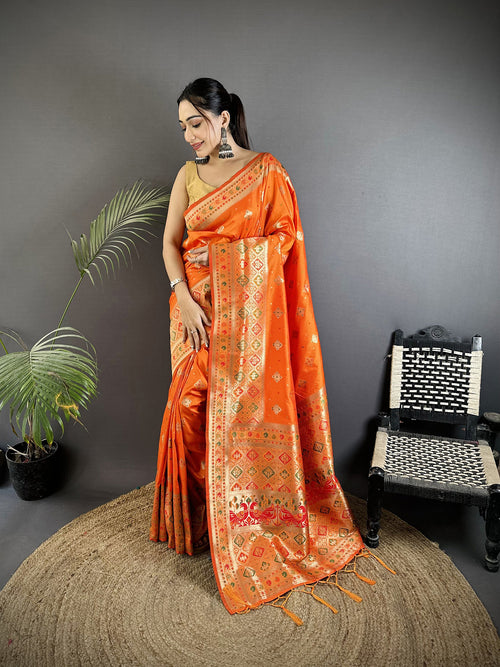 Dista Elora Orange Soft Silk Geometric Zari Woven Patola Saree