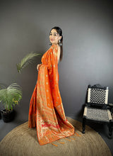 Dista Elora Orange Soft Silk Geometric Zari Woven Patola Saree, view 2