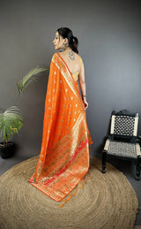 Dista Elora Orange Soft Silk Geometric Zari Woven Patola Saree, view 3