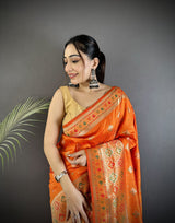 Dista Elora Orange Soft Silk Geometric Zari Woven Patola Saree, view 4