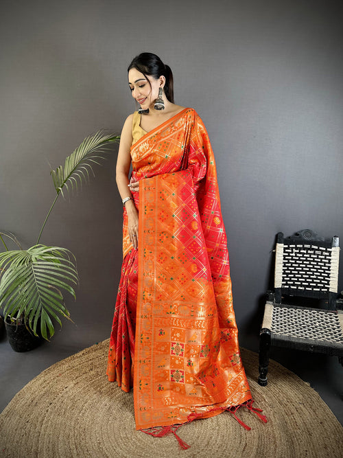 Dista Elora Orange Soft Silk Geometric Zari Woven Patola Saree