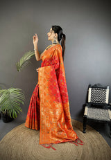 Dista Elora Orange Soft Silk Geometric Zari Woven Patola Saree, view 2
