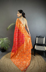 Dista Elora Orange Soft Silk Geometric Zari Woven Patola Saree, view 3