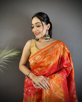 Dista Elora Orange Soft Silk Geometric Zari Woven Patola Saree, view 4