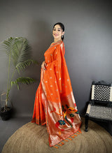 Dista Elora Orange Soft Silk Peacock & Floral Zari Motifs Kanchipuram Saree, view 2