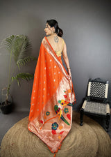 Dista Elora Orange Soft Silk Peacock & Floral Zari Motifs Kanchipuram Saree, view 3