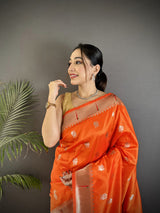 Dista Elora Orange Soft Silk Peacock & Floral Zari Motifs Kanchipuram Saree, view 4