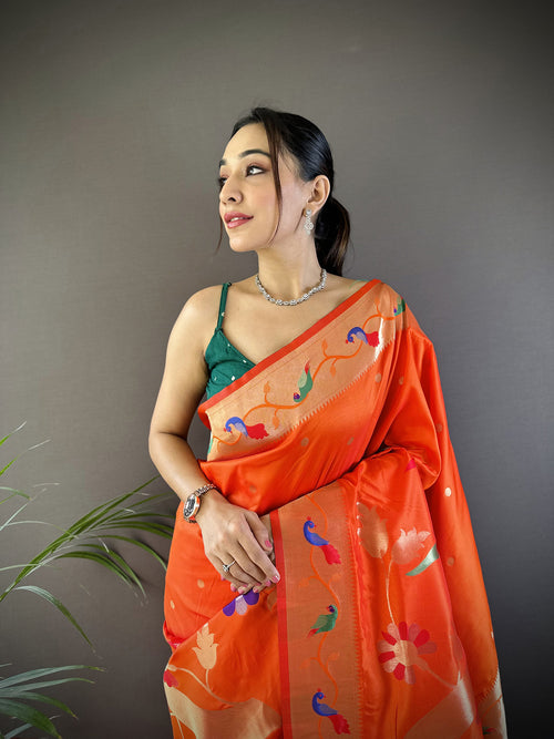 Dista Elora Orange Soft Silk Zari Woven Floral Motifs Paithani Saree
