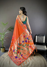 Dista Elora Orange Soft Silk Zari Woven Floral Motifs Paithani Saree, view 3