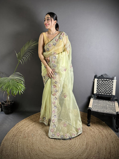 Dista Elora Pale Prim Yellow Organza Silk Dubble Sequence Floral Embroidery Saree