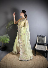 Dista Elora Pale Prim Yellow Organza Silk Dubble Sequence Floral Embroidery Saree, view 2