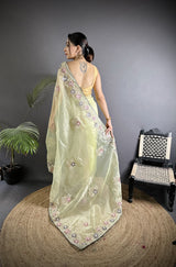Dista Elora Pale Prim Yellow Organza Silk Dubble Sequence Floral Embroidery Saree, view 3