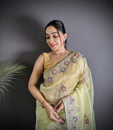 Dista Elora Pale Prim Yellow Organza Silk Dubble Sequence Floral Embroidery Saree, view 4