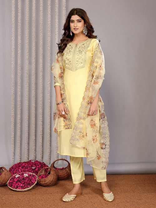 Dista Elora Pale Yellow Roman Yoke Embroidery Straight Notch Neck Kurta Set