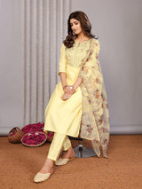 Dista Elora Pale Yellow Roman Yoke Embroidery Straight Notch Neck Kurta Set, view 2