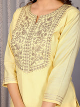 Dista Elora Pale Yellow Roman Yoke Embroidery Straight Notch Neck Kurta Set, view 3