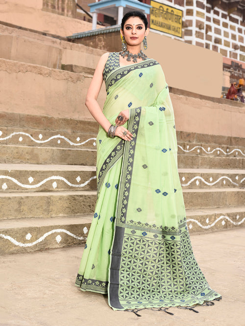 Dista Elora Parrot Green Cotton Butti Weave Handloom Wedding Wear Saree