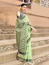 Dista Elora Parrot Green Cotton Butti Weave Handloom Wedding Wear Saree, view 2