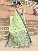 Dista Elora Parrot Green Cotton Butti Weave Handloom Wedding Wear Saree, view 3