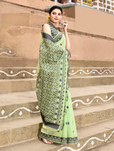 Dista Elora Parrot Green Cotton Butti Weave Handloom Wedding Wear Saree, view 4