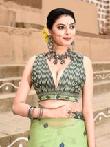 Dista Elora Parrot Green Cotton Butti Weave Handloom Wedding Wear Saree, view 5